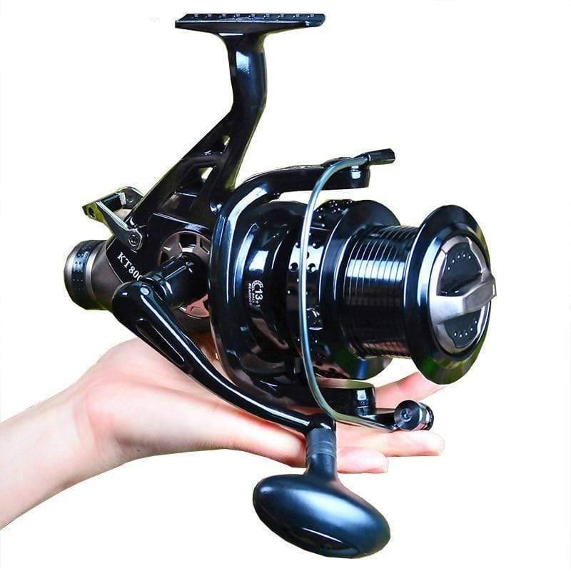 Close-up of a robust spinning fishing reel with strong drag, ideal for various fishing conditions