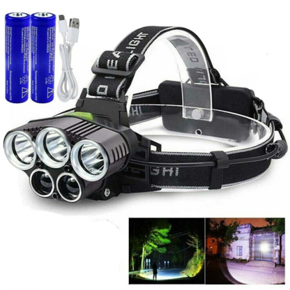Rechargeable LED headlamp with adjustable focus & 5 powerful LEDs, perfect for hiking and exploration