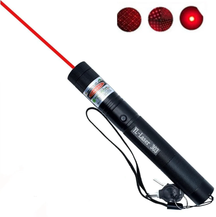Versatile dual beam laser pointer with intense green and red light for presentations & pointing.