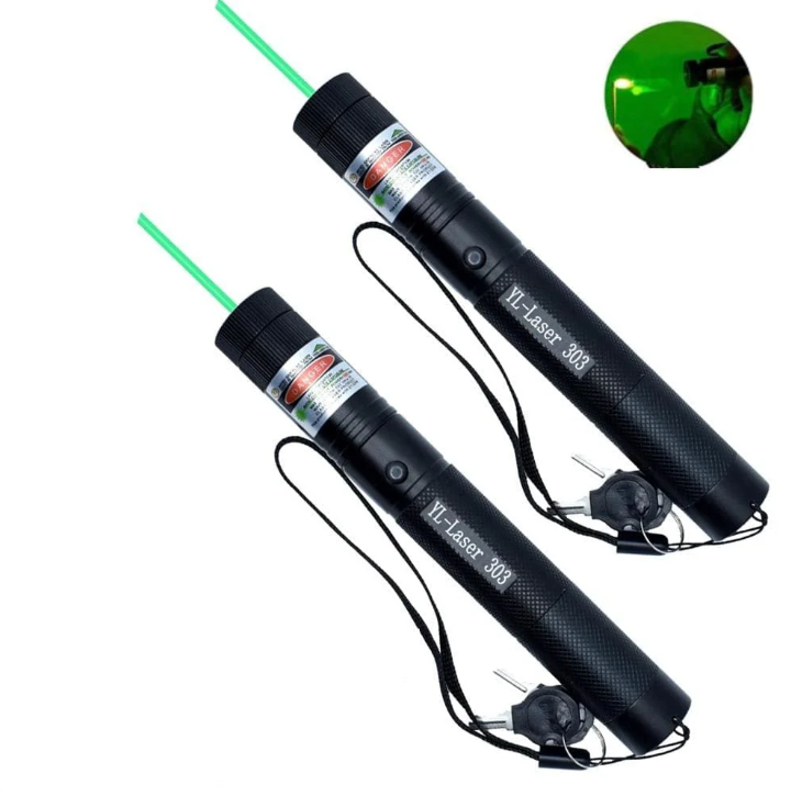 Close-up of a sleek dual beam green & red high power laser pointer, professional grade.