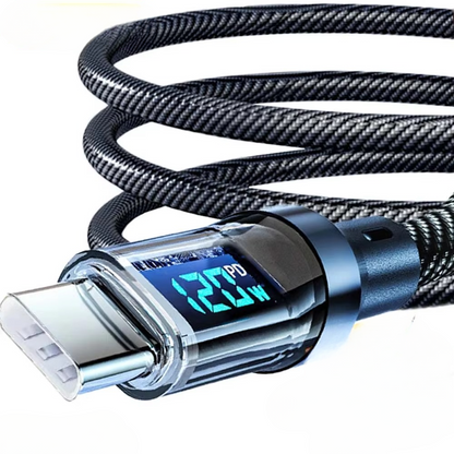 High-power fast charging USB-C cable with LED display shows real-time wattage.