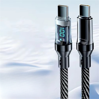Ultra-fast charging USB-C cable featuring a clear LED display for quick power monitoring.