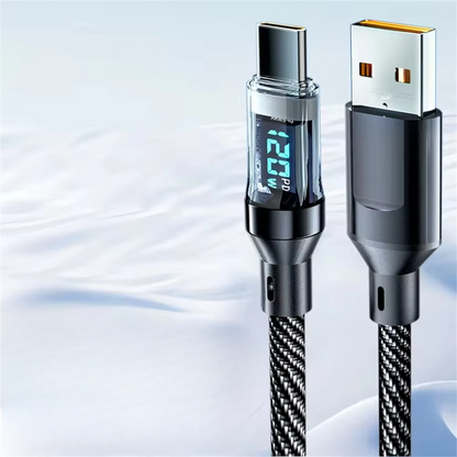 Essential device accessory: a fast charging USB-C power cable with an integrated LED display.
