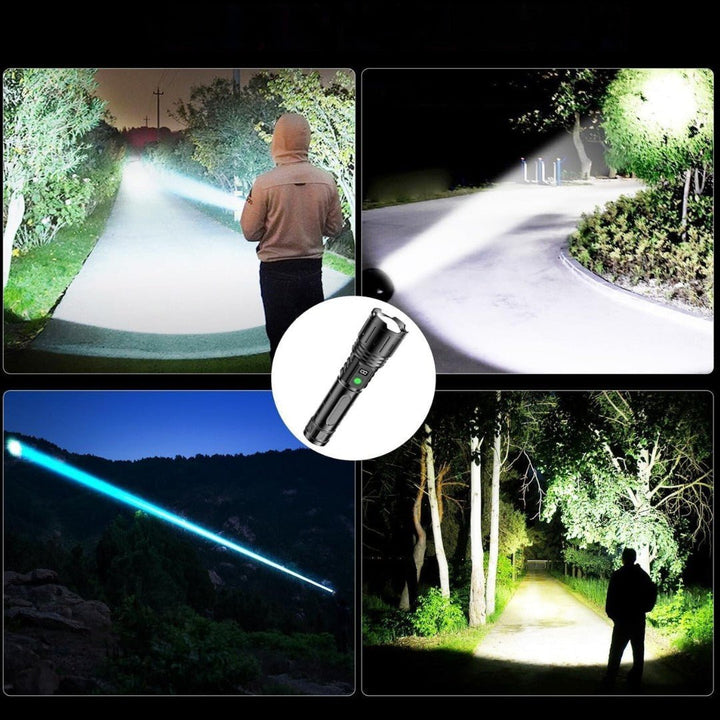 Versatile rechargeable LED flashlight with power bank feature, suitable for camping and emergencies.