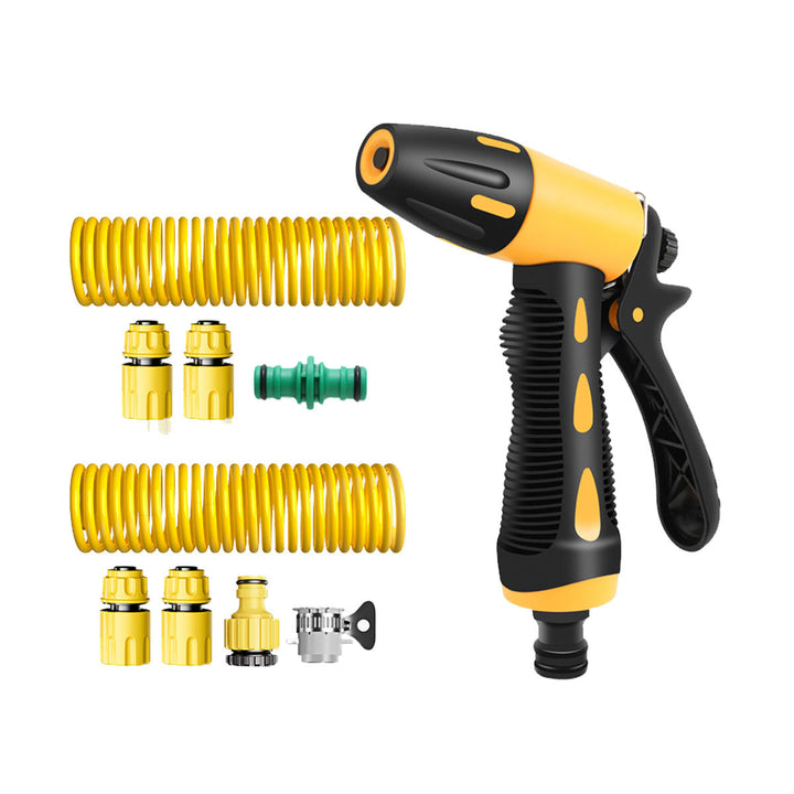 Complete set: high-pressure water gun, coiled hose, and various nozzle attachments for versatility