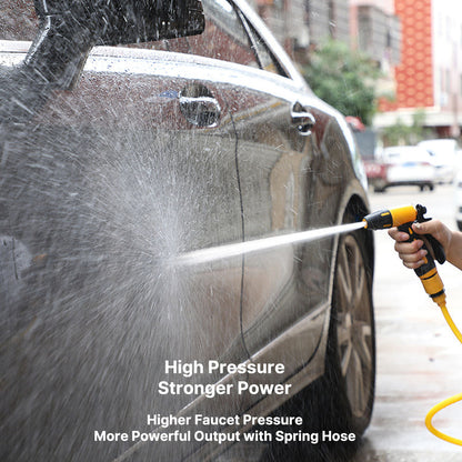 Compact coiled hose with high-pressure water gun, ideal garden tool for effortless storage