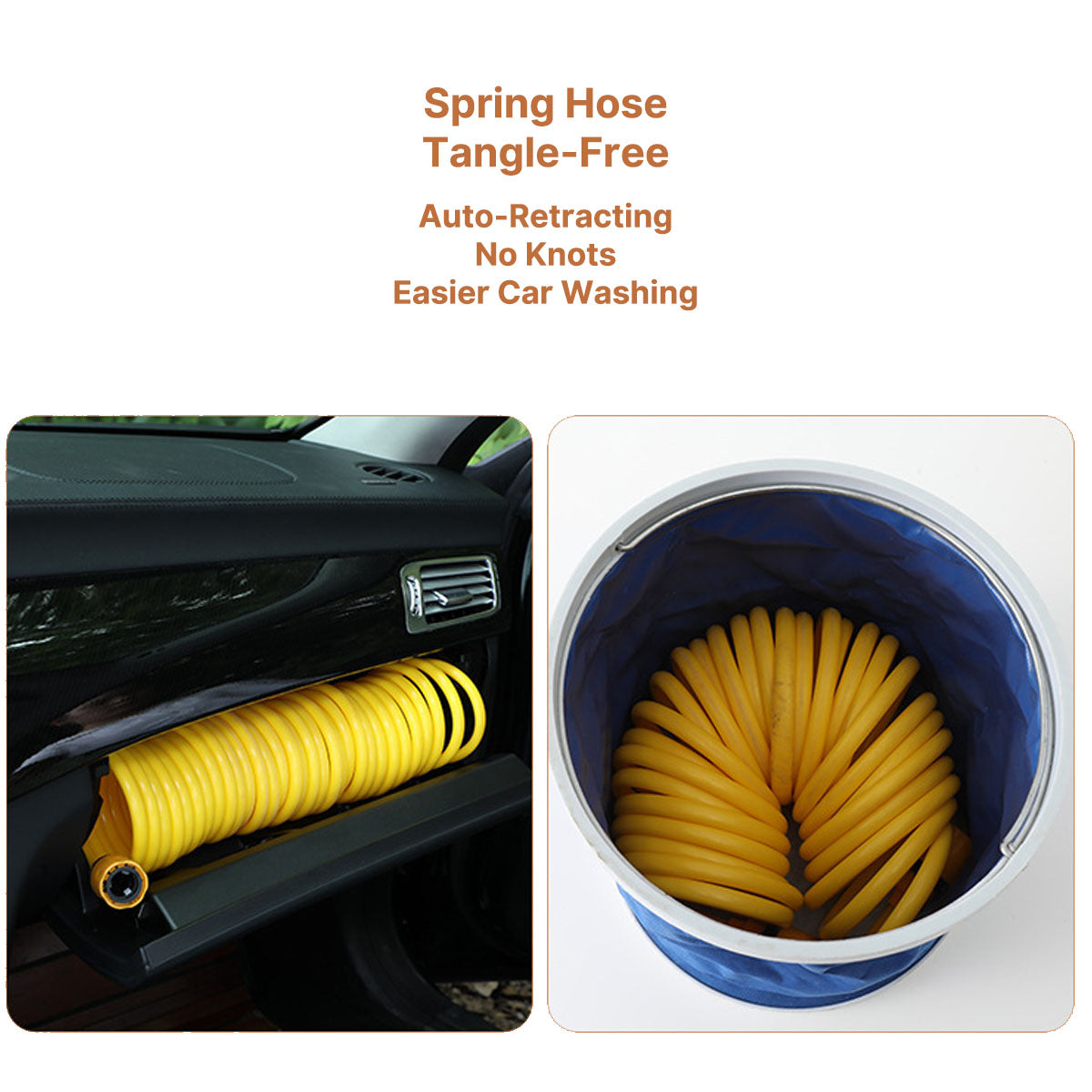 Person washing car with extendable hose and high-pressure water gun, sparkling clean finish