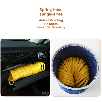 Person washing car with extendable hose and high-pressure water gun, sparkling clean finish