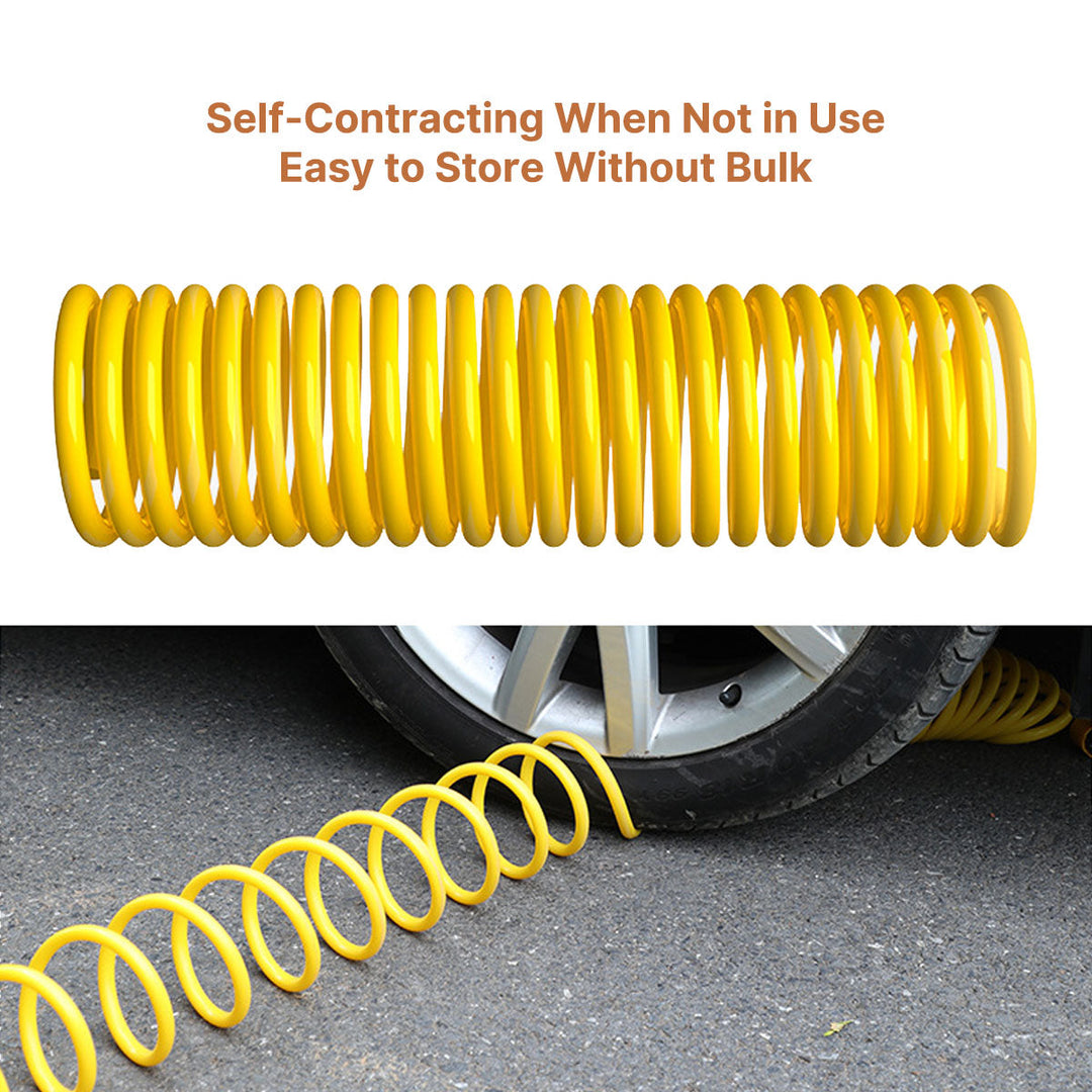 Expandable coiled hose extending from its compact form, paired with high-pressure water gun