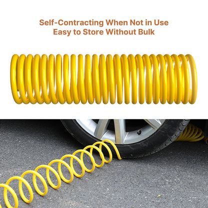 Expandable coiled hose extending from its compact form, paired with high-pressure water gun