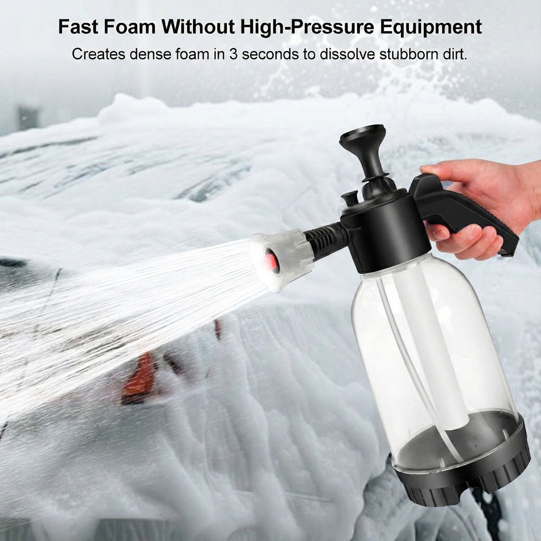 High-pressure foam cannon for car washing, attached to pressure washer, generating thick foam.