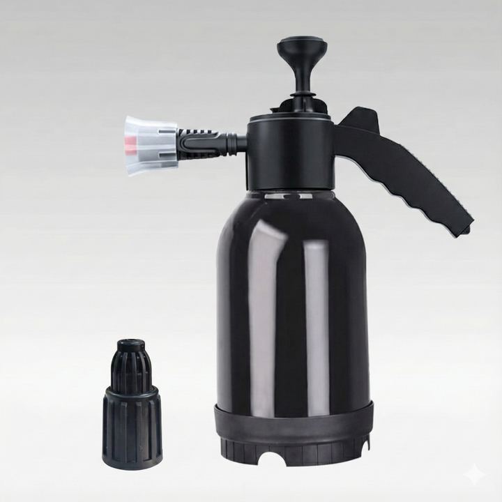 Compact high-pressure foam cannon, ideal for easy storage and transportation for vehicle cleaning.