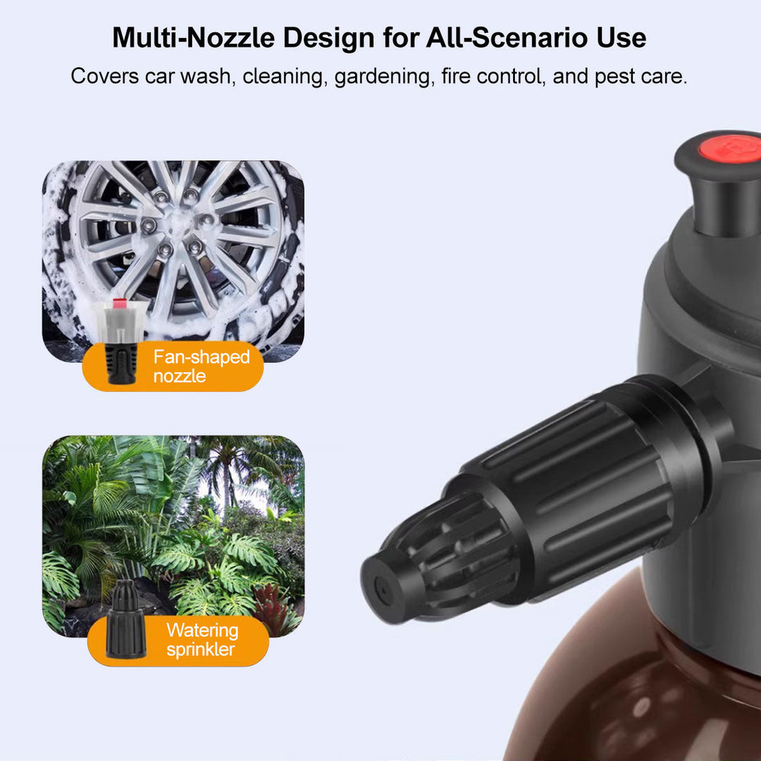 Adjustable car wash foam cannon with fill lines, ergonomic grip, and wide mouth opening.