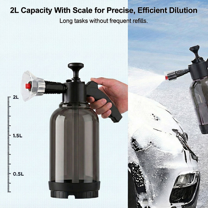Detail of high-pressure foam cannon nozzle, showing foam stream onto a car. auto detailing tool.