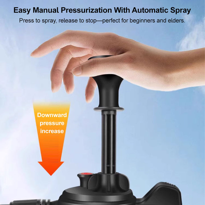 Portable high-pressure foam cannon for vehicle care, with a clear bottle and brass connector.