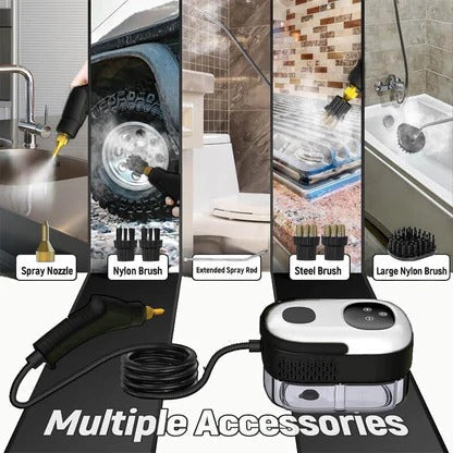 Compact, portable high-pressure steam cleaner for efficient, chemical-free deep cleaning of home & auto interiors.