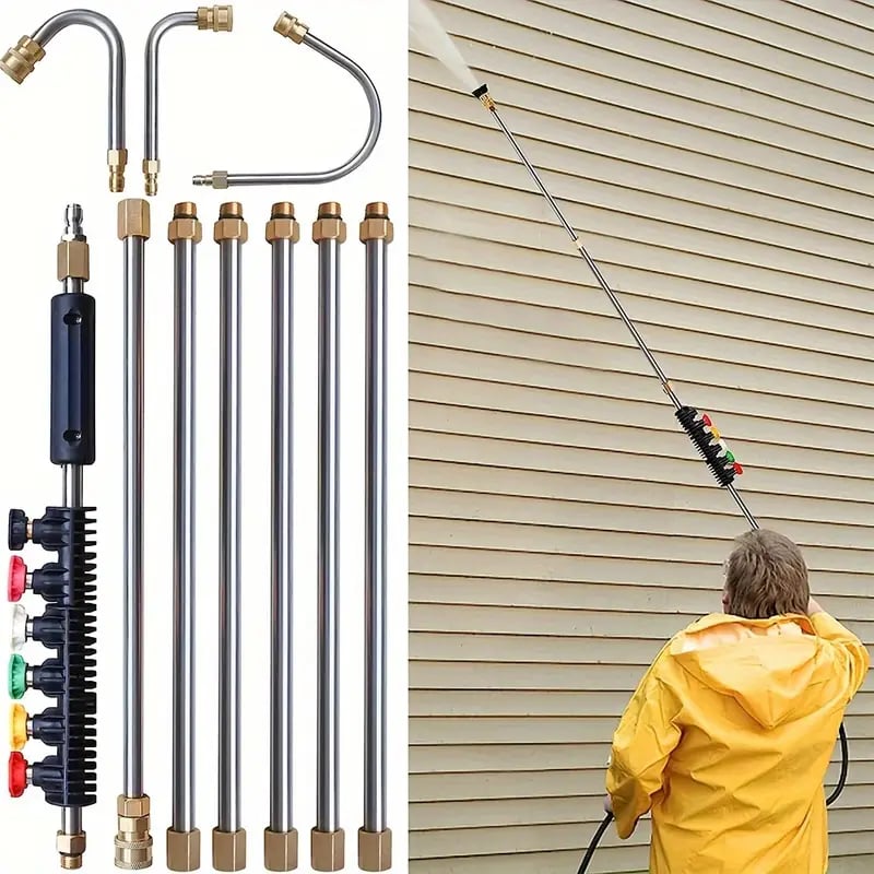 High pressure washer telescoping wand set for effective gutter and roof cleaning, ideal for home maintenance.