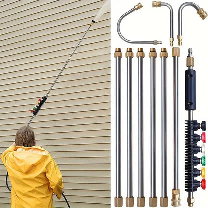 High pressure washer telescoping wand set for effective gutter and roof cleaning, ideal for home maintenance.