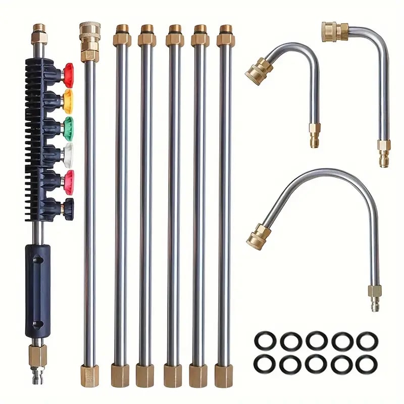 Telescoping pressure washer extension wand reaching high gutters and roofs, making exterior cleaning easy.