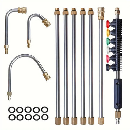 Telescoping pressure washer extension wand reaching high gutters and roofs, making exterior cleaning easy.