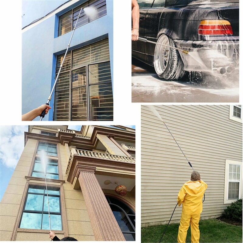 Versatile telescoping power washer wand for all outdoor cleaning tasks, specializing in gutters and roofs.