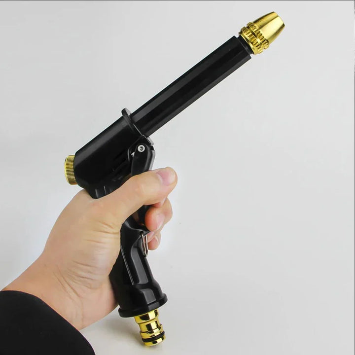 Adjustable high-pressure water gun with multiple spray patterns for thorough car, garden & patio cleaning.