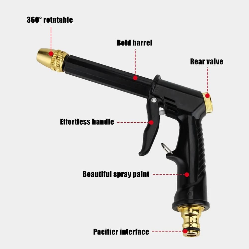 Ergonomic high-pressure hose nozzle for effective car washing & garden maintenance. Easy to attach and powerful for cleaning.