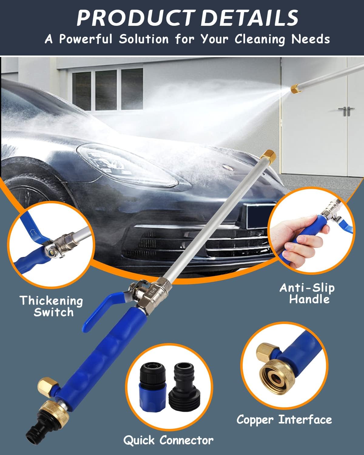 Ergonomic high-pressure hose nozzle for effective car wash, driveway, and outdoor surface cleaning.