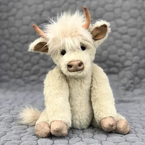 Highland Cow plush stuffed animal with colorful flowers, perfect for decor or a unique gift. Handmade collectible toy.