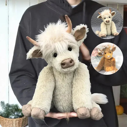 Fluffy Highland Cow stuffed animal featuring a lovely flower crown. Soft plush toy, perfect gift or nursery decor.