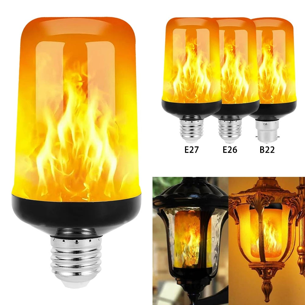 E27 LED flame effect bulb installed in a lamp, casting a warm, decorative ambient glow for home.