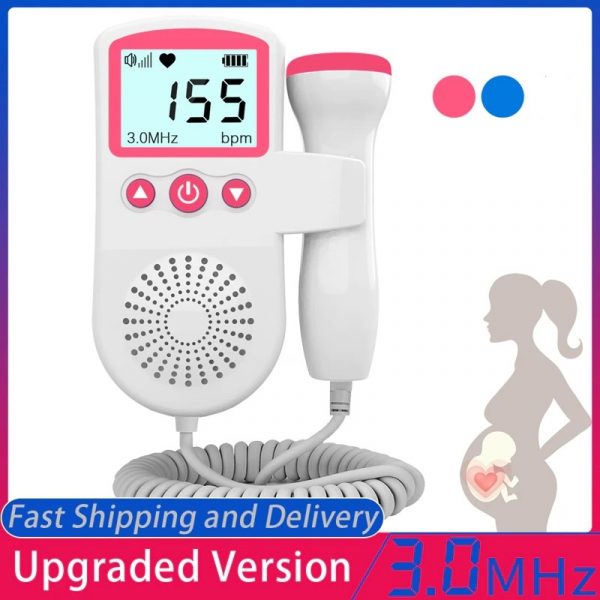 Parents-to-be listening to their baby's heartbeat with a home pregnancy fetal doppler monitor.