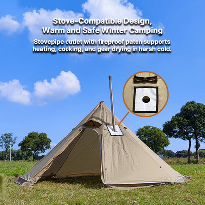Compact outdoor hot tent, all-season camping shelter for 1-3, compatible with wood stove.