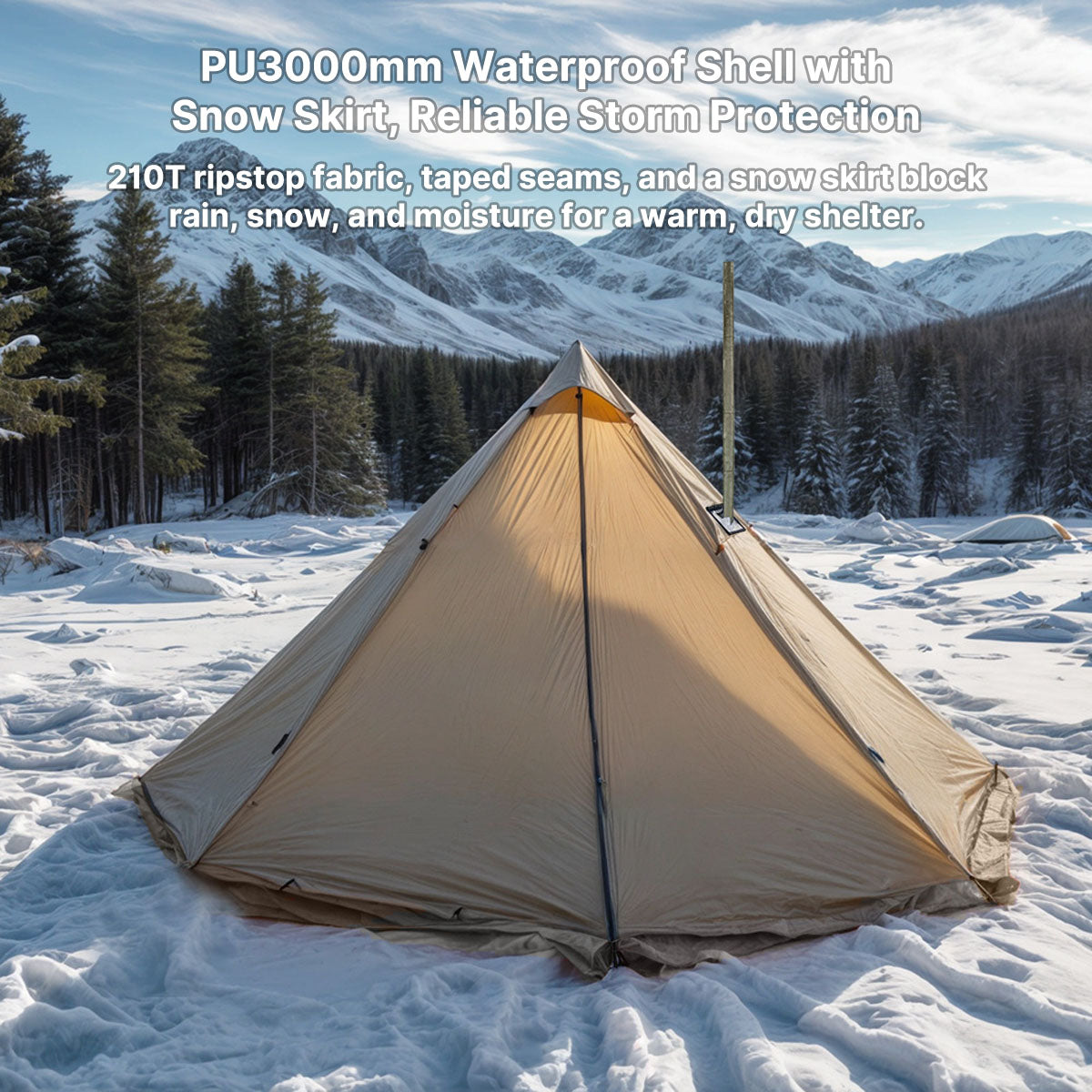 Winter camping hot tent, 1-3 person capacity, lightweight outdoor shelter with stove compatibility.