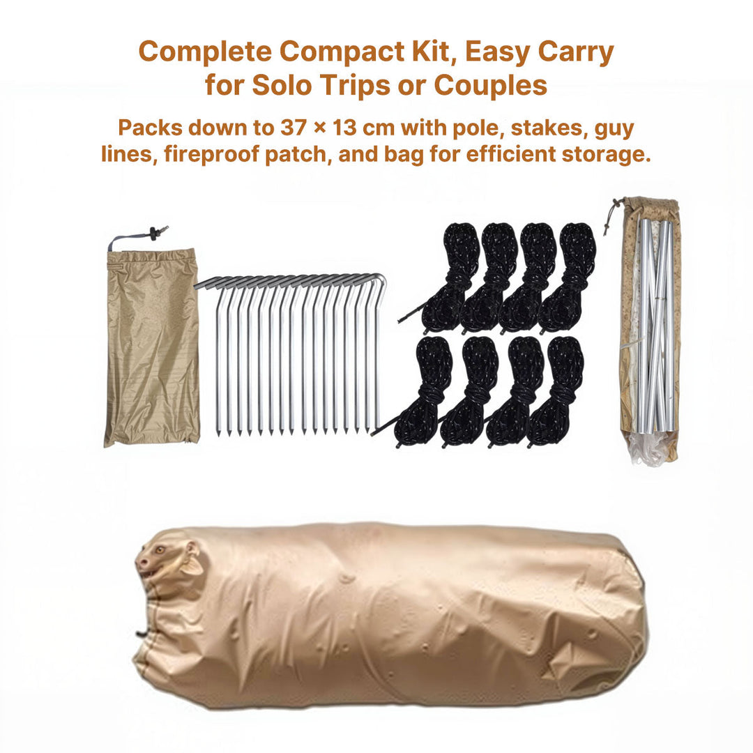 Lightweight hot tent packed on a backpack, demonstrating its portability for backpacking.