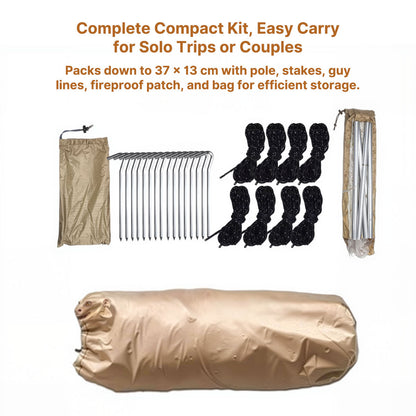 Lightweight hot tent packed on a backpack, demonstrating its portability for backpacking.