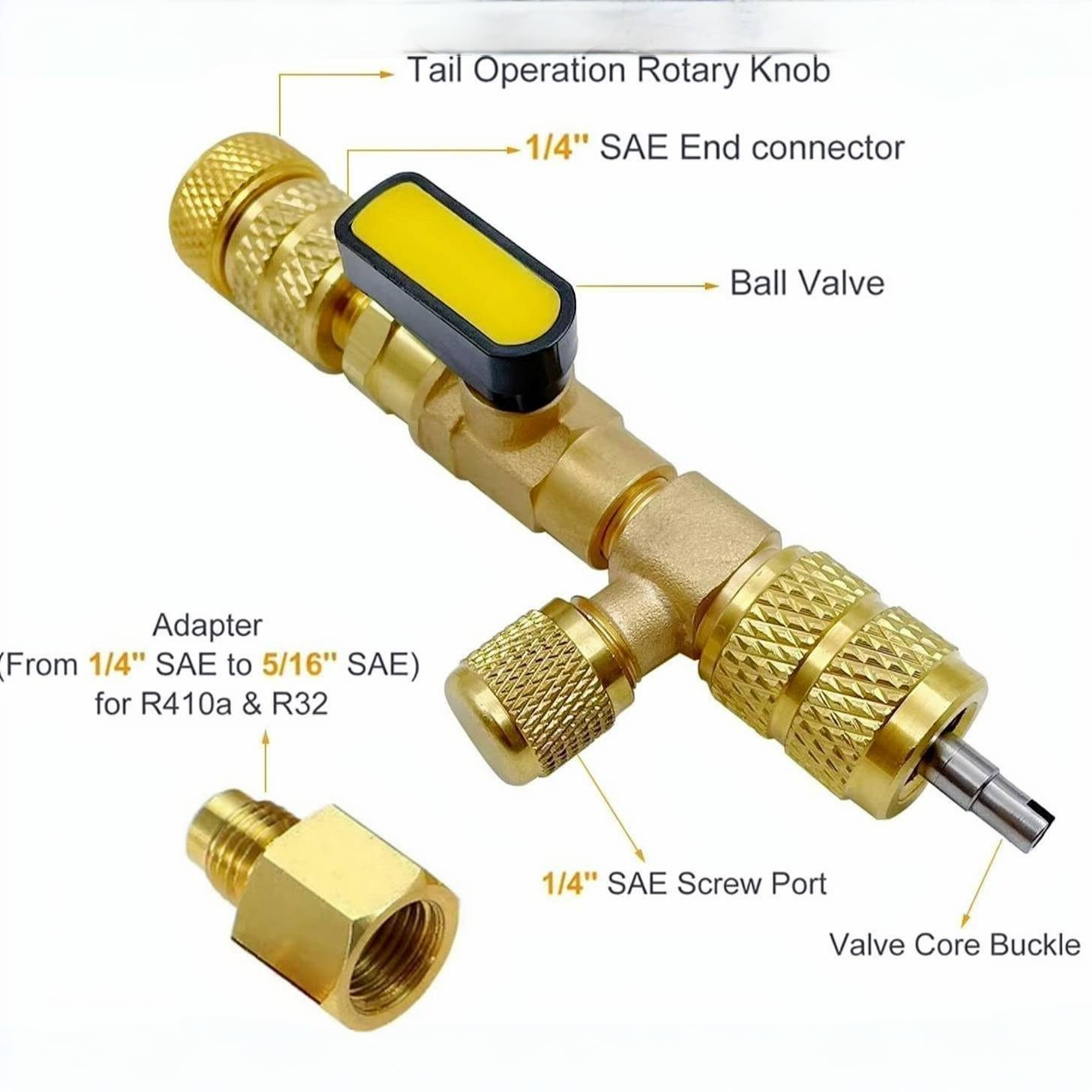 HVAC valve core remover/installer tool with dual ports for R22, R410A, and other AC refrigeration systems.