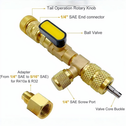HVAC valve core remover/installer tool with dual ports for R22, R410A, and other AC refrigeration systems.