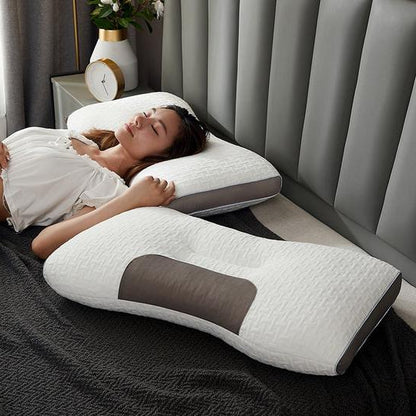 Hybrid pillow for back & side sleepers, offering ergonomic neck & shoulder support for pain relief & comfort.
