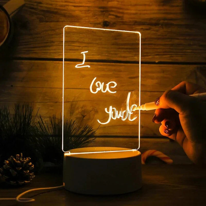 Illuminated LED message board for glowing notes, perfect desk accessory for home office or creative writing.