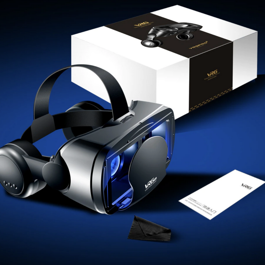 Immersive VR headset with integrated headphones for smartphones, offering virtual reality gaming & movies.