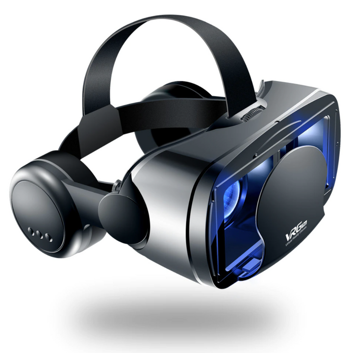 Mobile VR headset with built-in headphones for smartphones, delivering immersive virtual reality experiences.