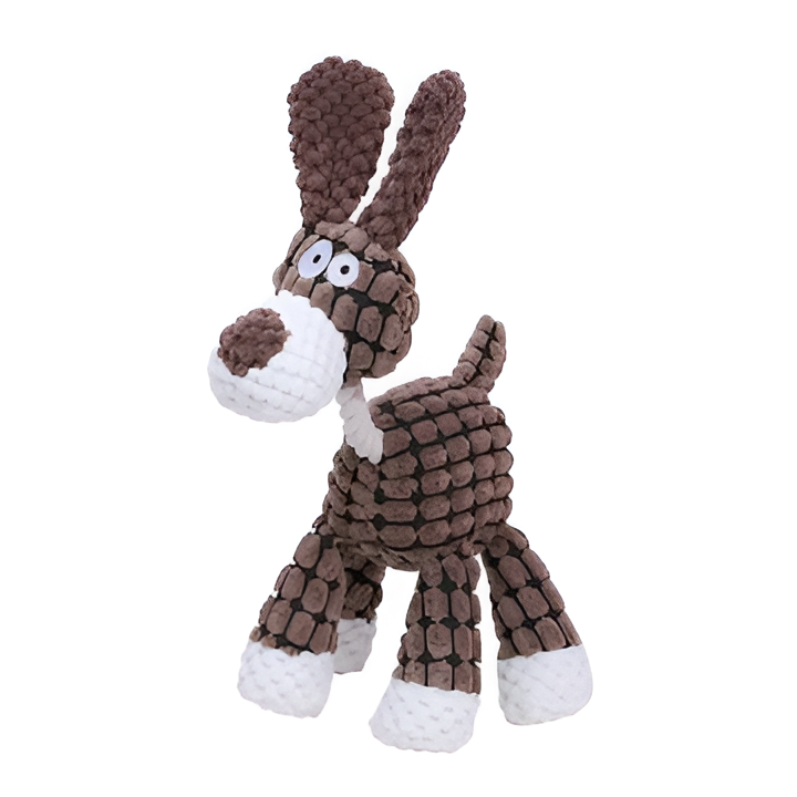 Robust plush dog toy, durable & tear-resistant for aggressive chewers. Promotes dental health.
