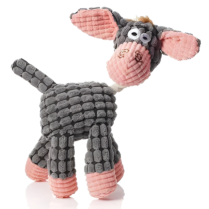 Engaging animal plush chew toy with squeaker for dogs. Durable design provides anxiety relief.