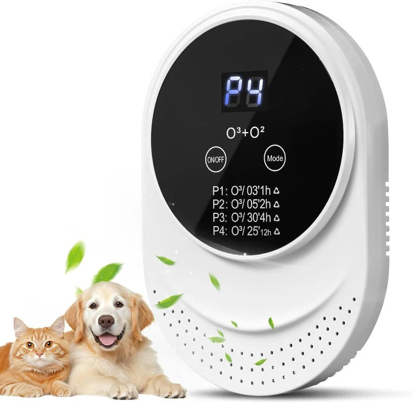Indoor plug-in odor eliminator with automatic, programmable cycles for fresh home air and pet odor control.