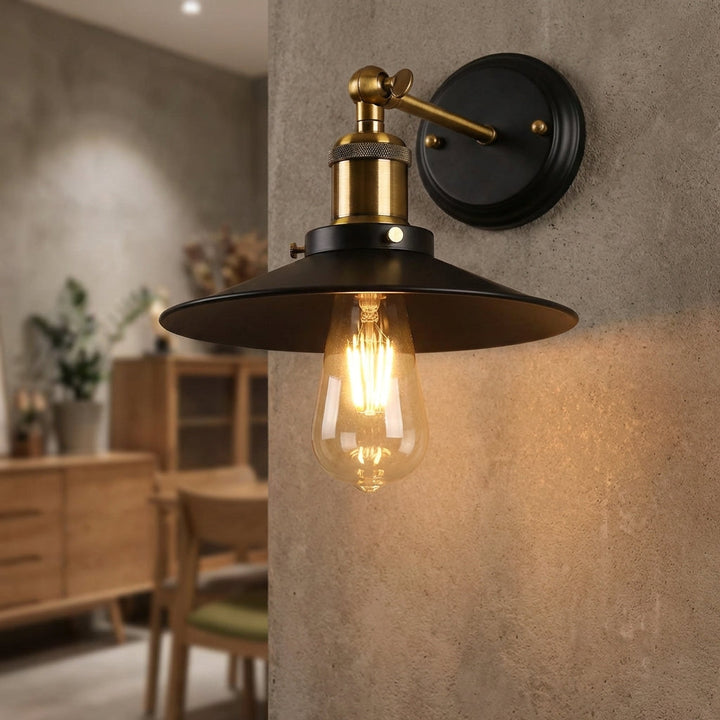Industrial metal wall sconce lamp. Vintage style lighting fixture for accent & home decor. Perfect for farmhouse interiors.