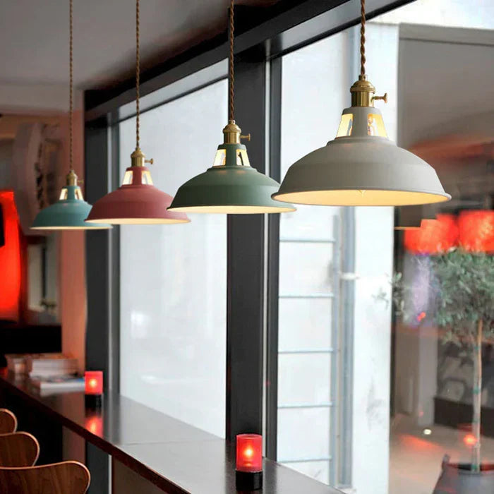 Industrial vintage pendant light, white metal, brightens dining tables and kitchen islands.