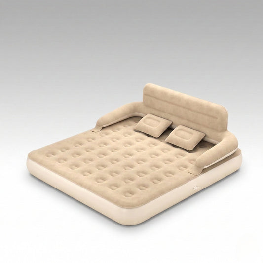 Inflatable air mattress with backrest, perfect for comfortable camping and home guest use.