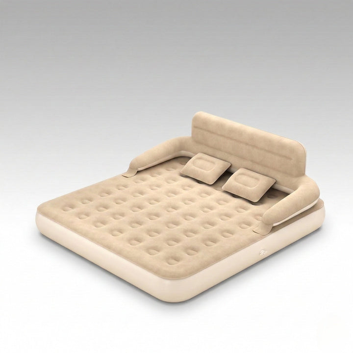 Inflatable air mattress with backrest, perfect for comfortable camping and home guest use.