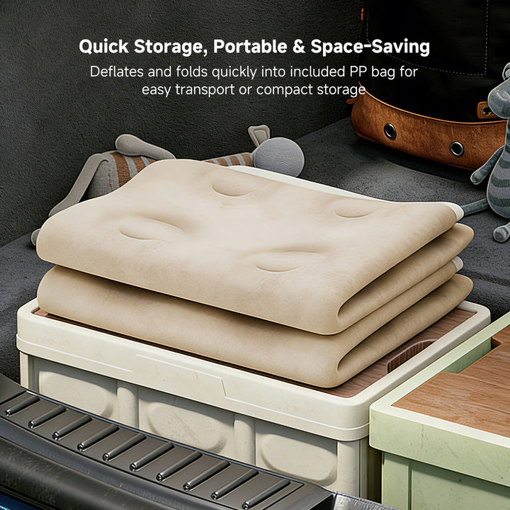 Spacious air mattress with ergonomic backrest, perfect for comfortable rest during camping or at home.